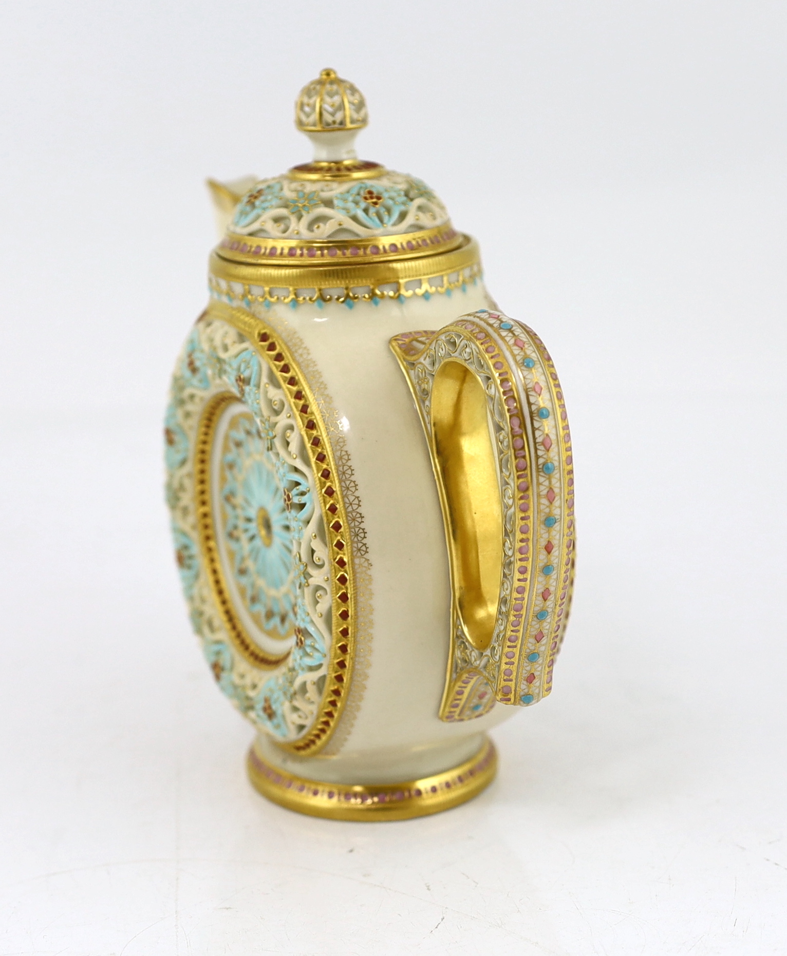 A fine and rare Royal Worcester reticulated teapot and cover, designed by George Owen, c.1881